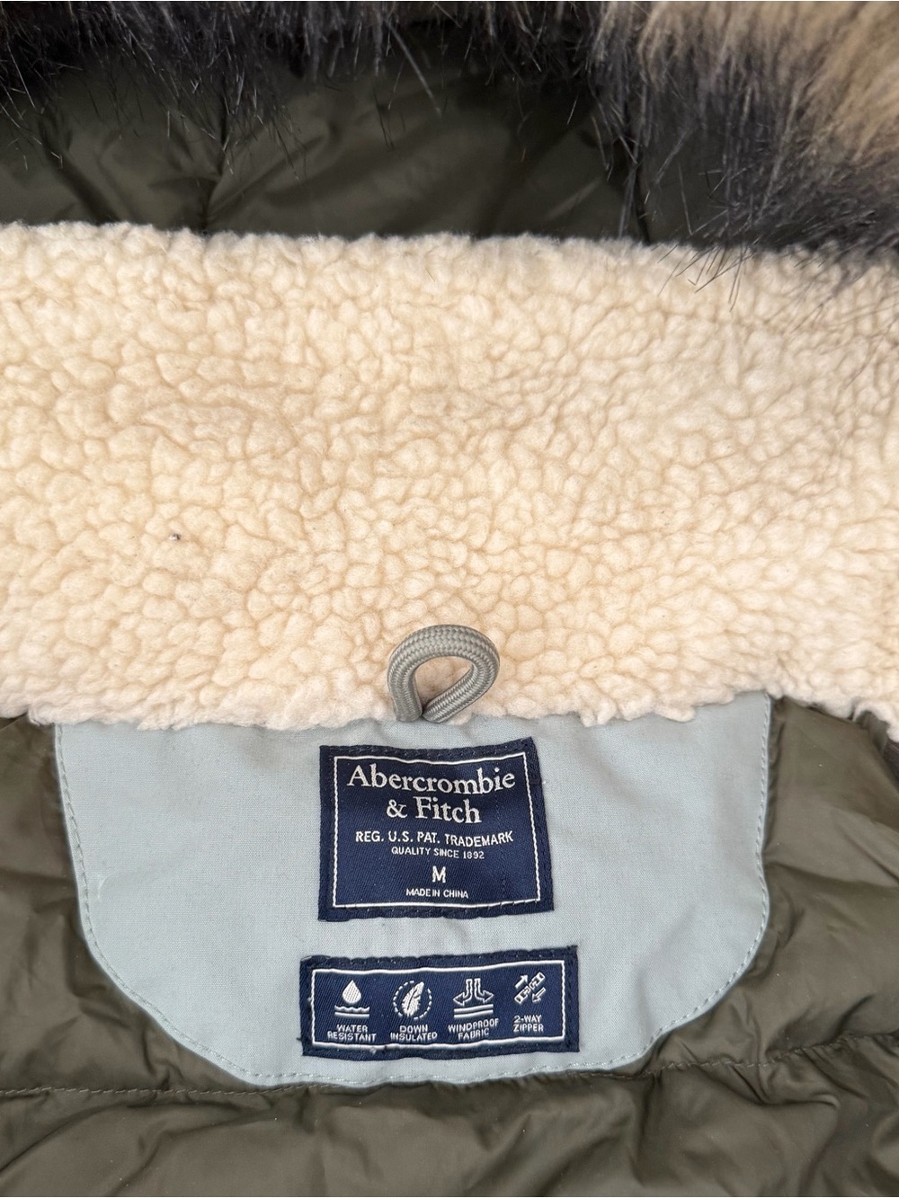 Abercrombie & Fitch Light Green Down Puffer with Cream Sherpa Collar